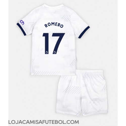 Camisa de Futebol Tottenham Hotspur Cristian Romero #17 Equipamento Principal Infantil 2023-24 Manga Curta (+ Calças curtas)